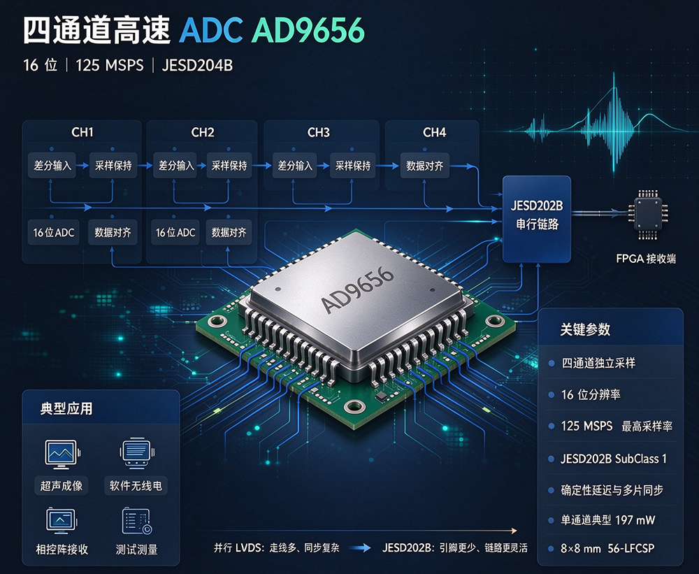 多通道同步采集难？AD9656 四通道 16bit 125MSPS ADC，JESD204B 简化布线，同步更稳！